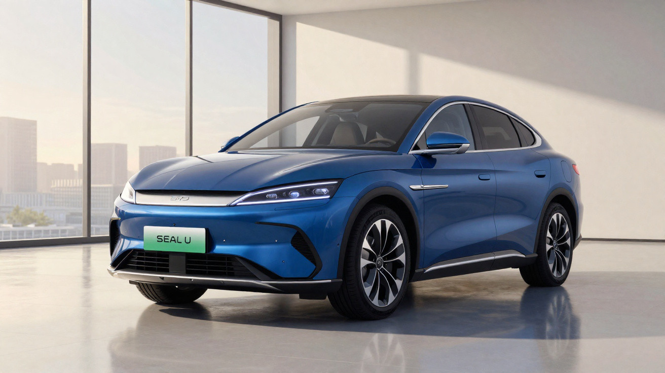 Carro elétrico azul modelo Seal U parado dentro de ambiente moderno com janelas grandes.
