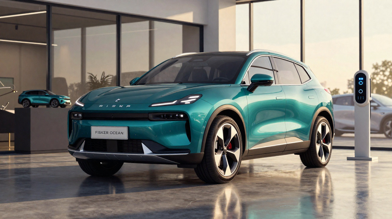 SUV elétrico Fisker Ocean verde em showroom, próximo a carregador veicular.