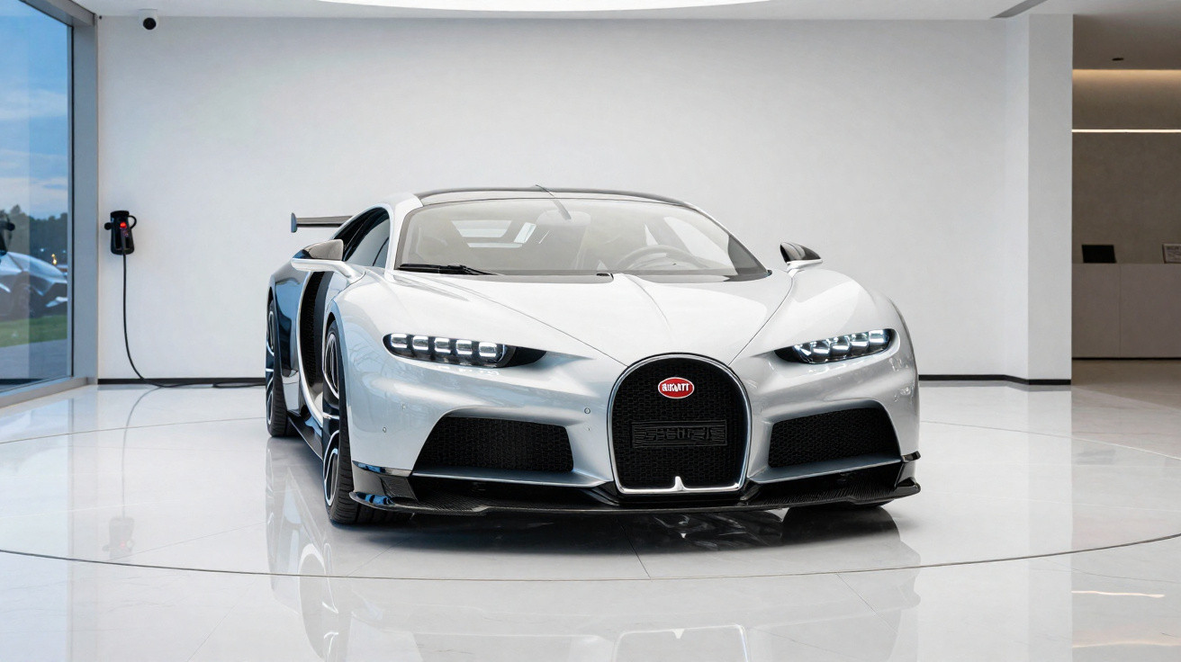 Carro esportivo Bugatti Chiron prata estacionado em showroom moderno com paredes brancas e piso brilhante.