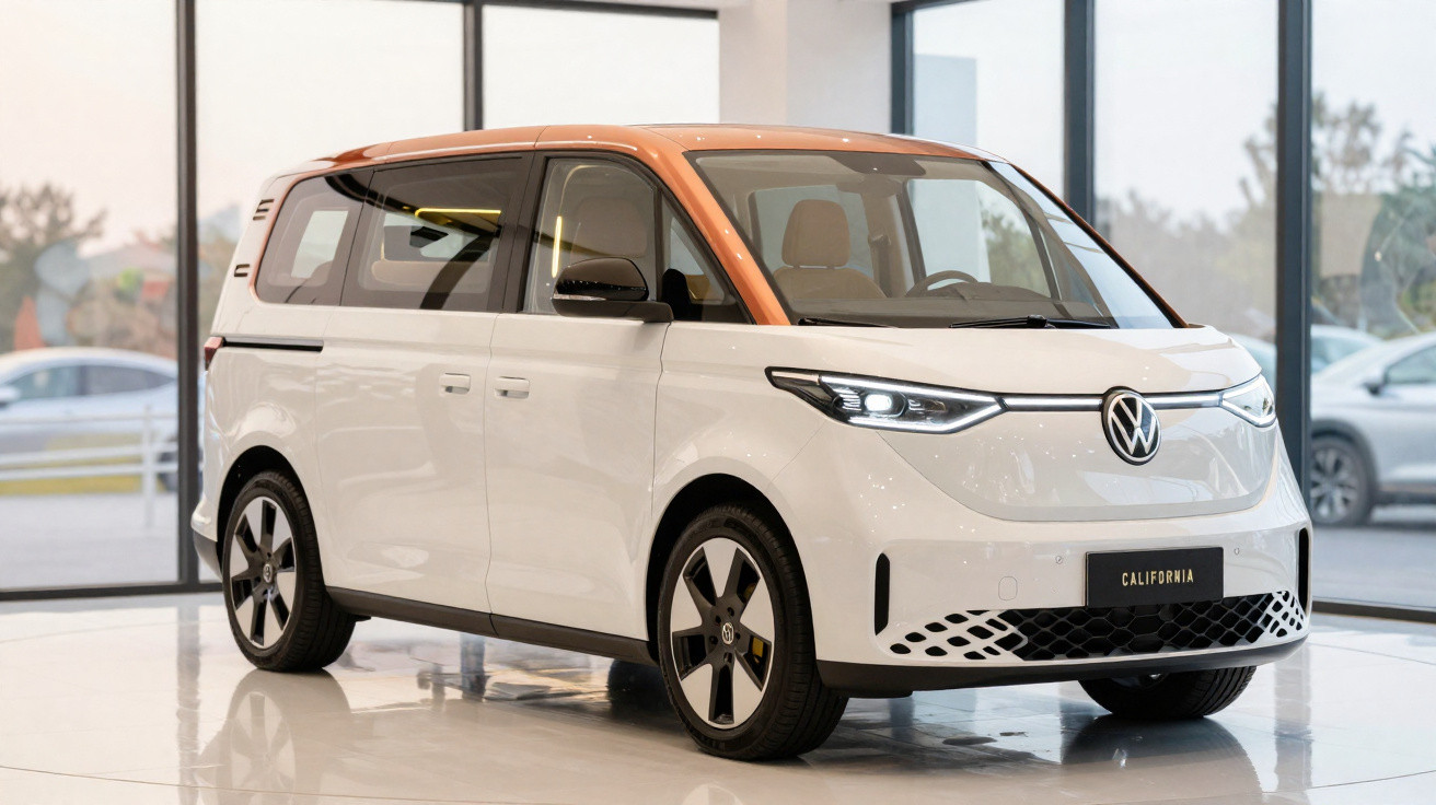 Volkswagen California elétrico branco com teto cobre em showroom com piso branco brilhante.