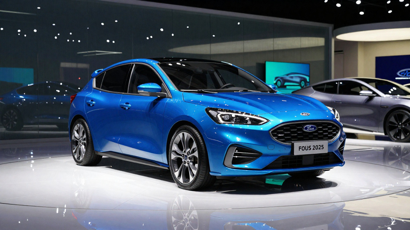 Carro azul Ford Focus 2025 exibido em estande de evento automotivo moderno.