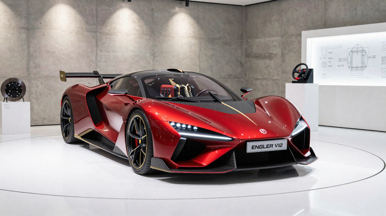 Carro esportivo vermelho Engler V12 em exposição, com design aerodinâmico e ambiente moderno.