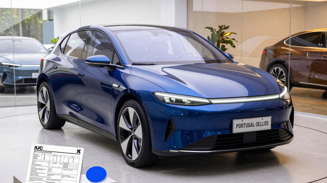 Carro elétrico sedã azul exibido em showroom com vidro refletindo outros veículos ao fundo.
