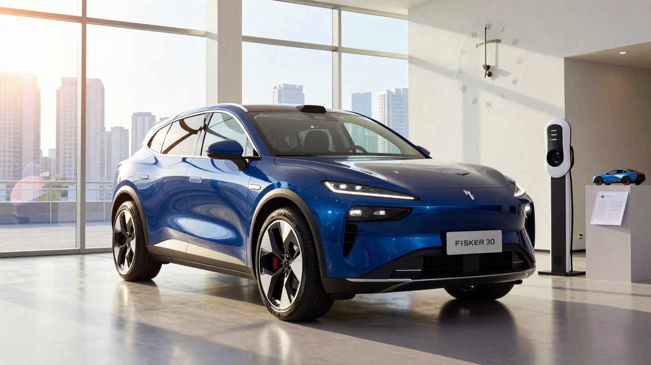 Carro elétrico azul Fisker 30 em showroom moderno com parede de vidro e estação de carregamento.