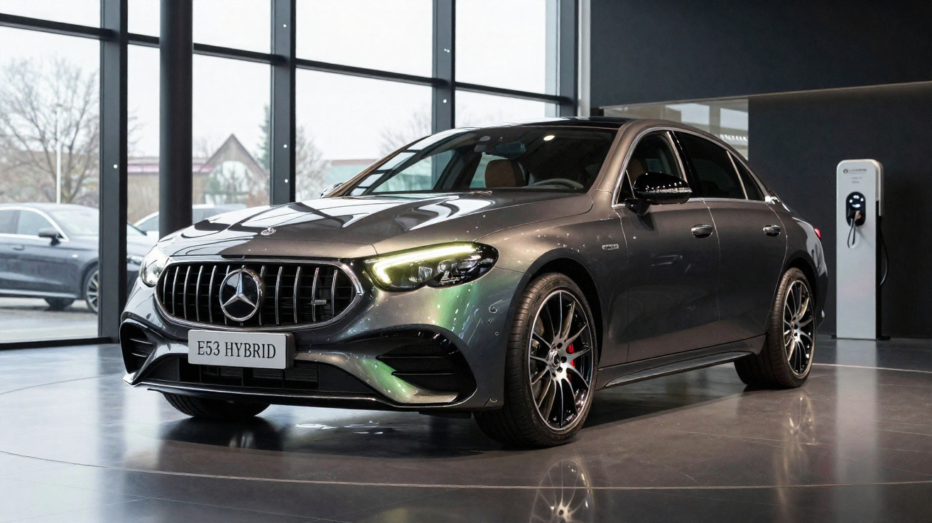 Carro Mercedes-Benz E53 Hybrid prata exibido em showroom moderno com carregador elétrico ao lado.