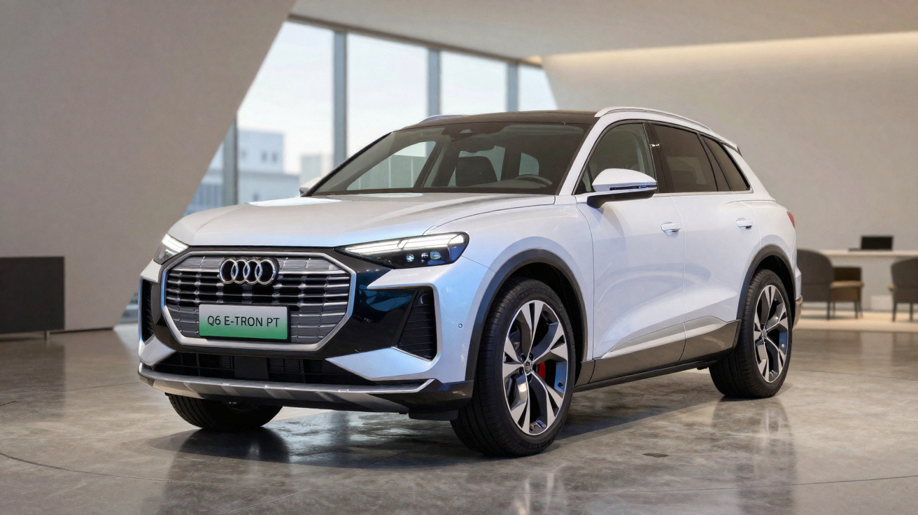 SUV elétrico Audi Q6 E-Tron branco estacionado em ambiente interno moderno.