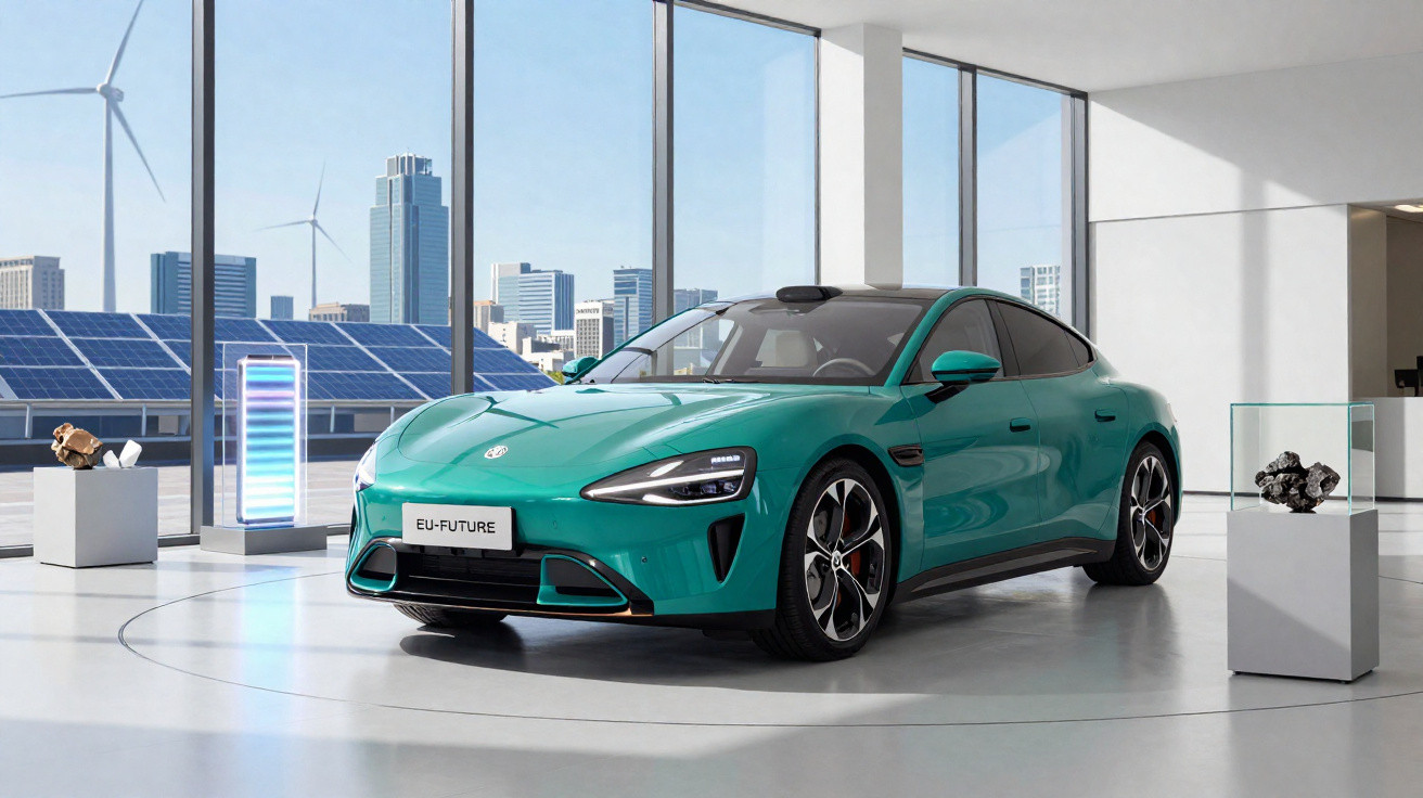 Carro elétrico verde em showroom moderno com painéis solares e turbinas eólicas ao fundo na cidade.