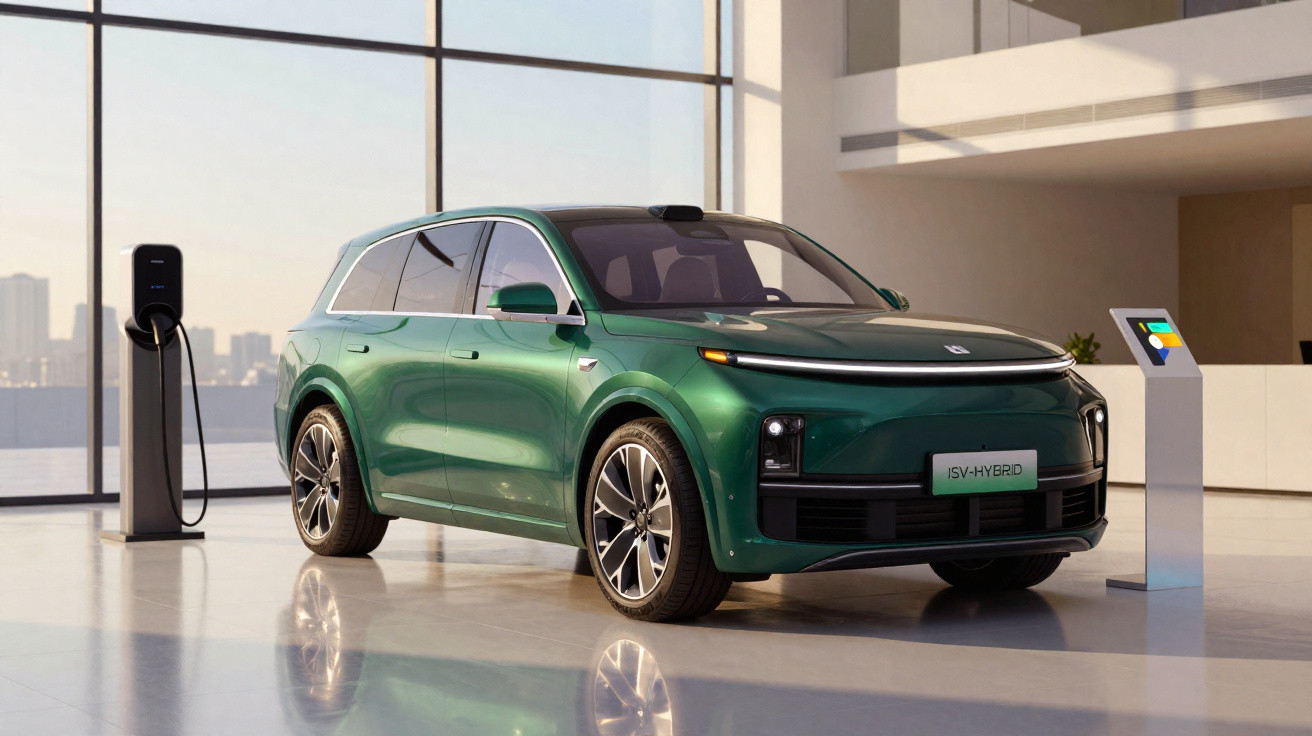 SUV híbrido verde em ambiente moderno, carregando energia em estação de recarga elétrica interna.