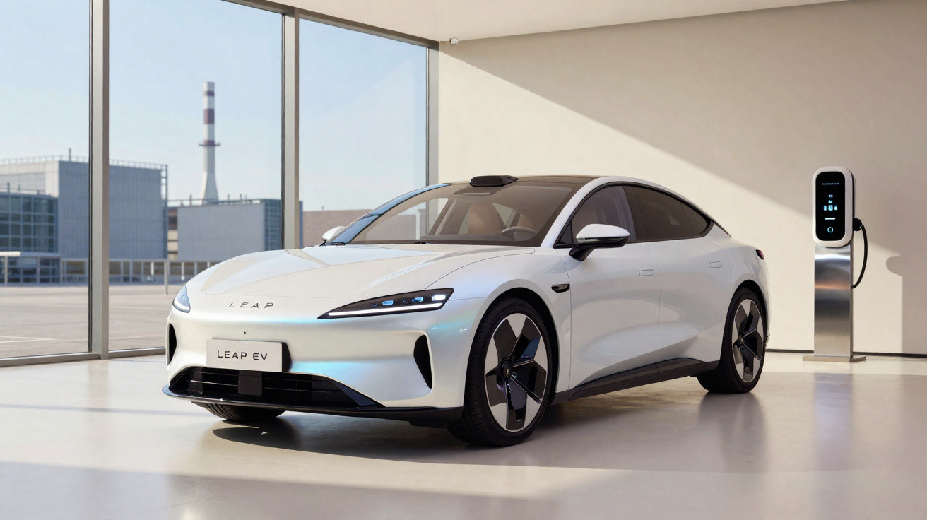 Carro elétrico branco estacionado ao lado de carregador em ambiente interno com janelas amplas.