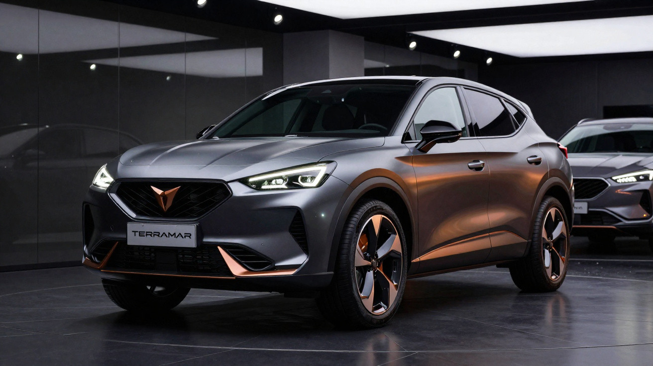 SUV cinza metálico Cupra Terramar estacionado em ambiente interno moderno com iluminação direcionada.