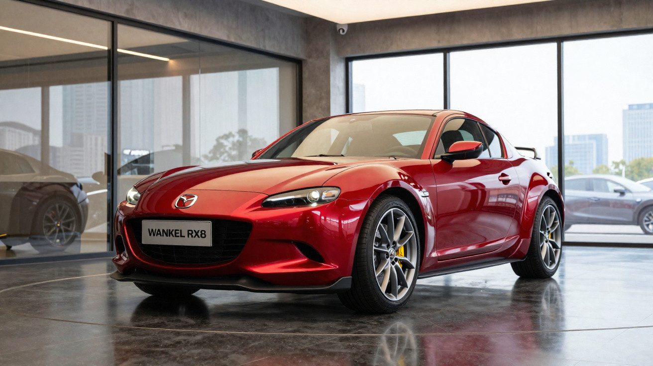 Carro esportivo vermelho Mazda Wankel RX8 exposto em showroom com piso e janelas grandes.