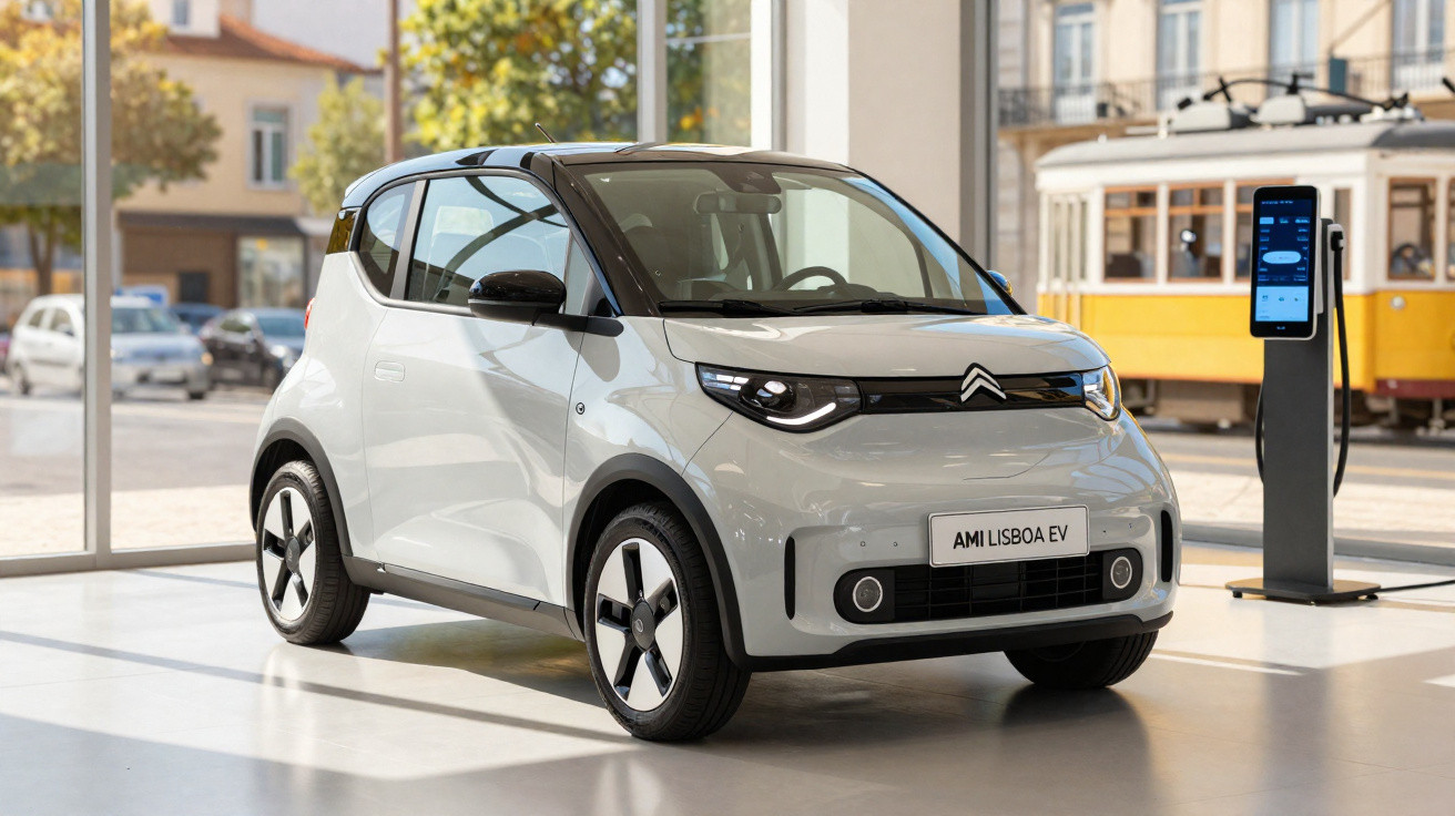 Carro elétrico Citroën AMI Lisboa EV branco estacionado ao lado de ponto de recarga em ambiente urbano.