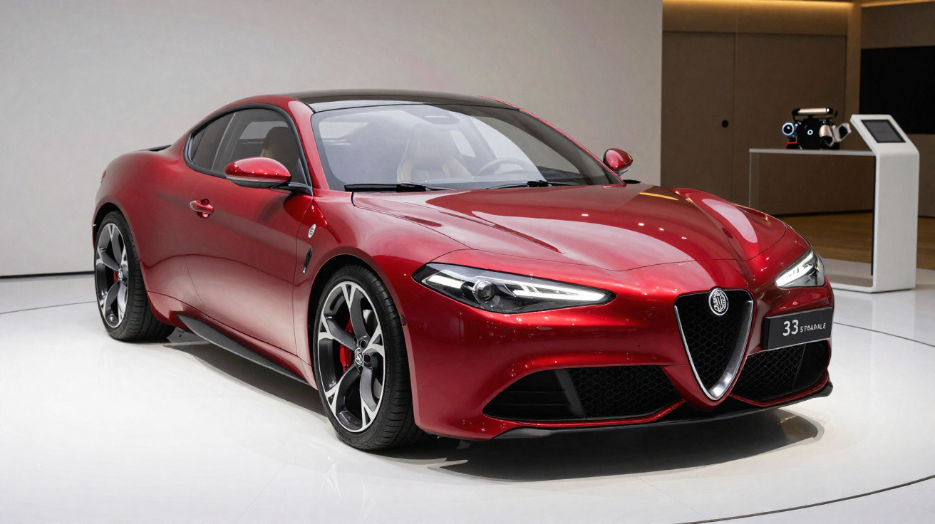 Carro esportivo Alfa Romeo Giulia Quadrifoglio vermelho exibido em ambiente interno branco e iluminado.