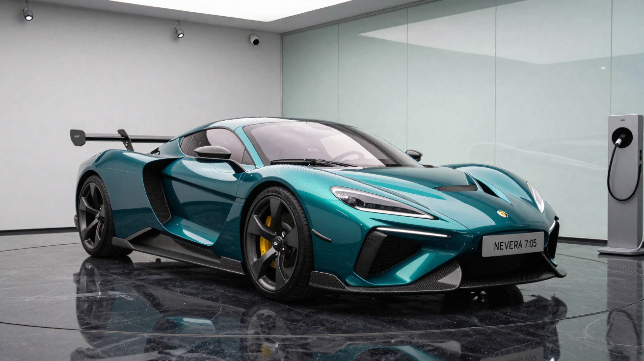Carro esportivo elétrico McLaren Nevera 710S azul metálico em showroom moderno com estação de carregamento.