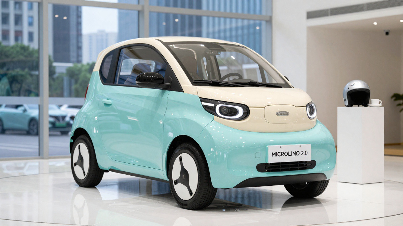 Carro compacto elétrico Microlino 2.0 em azul e branco exposto em showroom moderno.