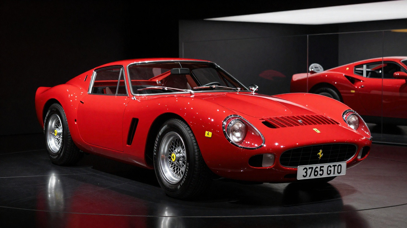 Carro esportivo Ferrari clássico vermelho exibido em ambiente escuro com espelhos ao fundo.