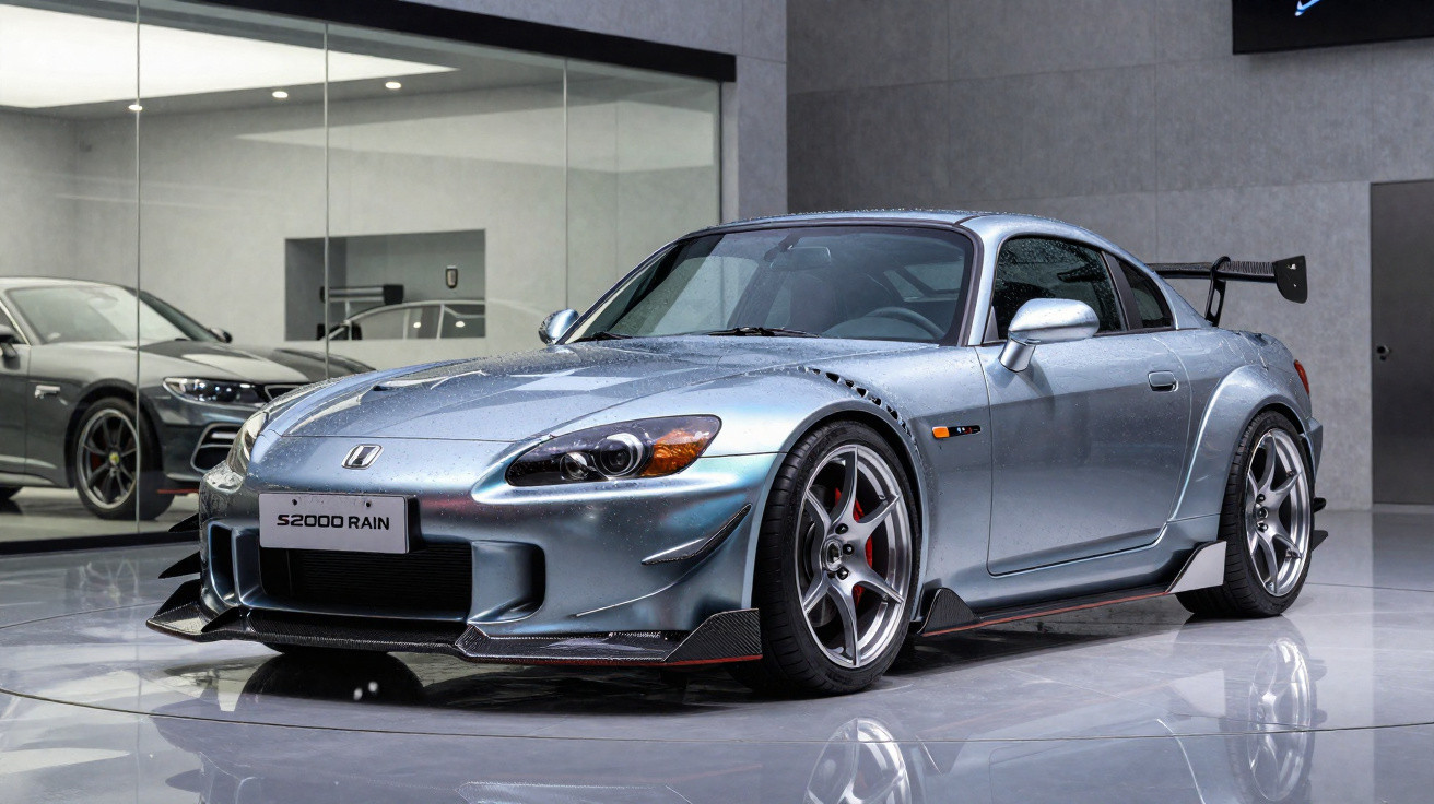 Carro esportivo prata Honda S2000 Rain em exposição com rodas de liga leve e aerofólio traseiro.