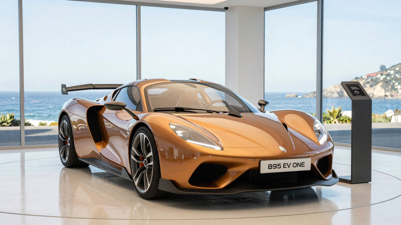 Carro esportivo elétrico bronze B95 EV ONE exposto em showroom com vista para o mar.