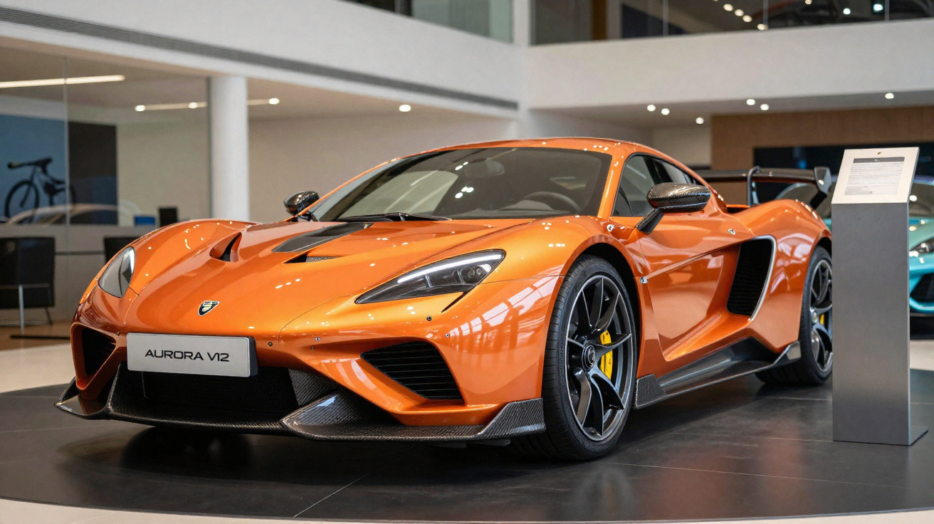 Carro esportivo laranja Aurora V12 exposto em showroom moderno com informações ao lado.