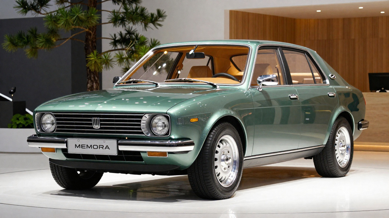 Carro sedan clássico verde em exposição interna com interior bege e acabamento brilhante.