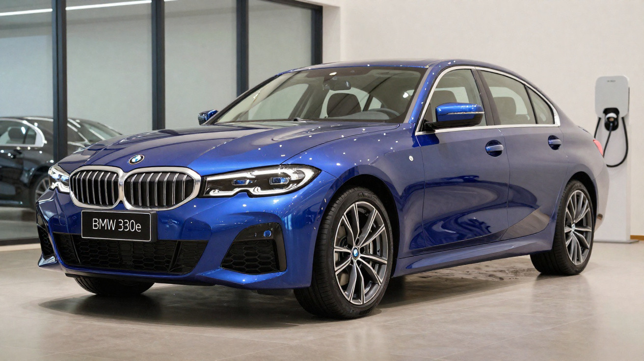 BMW 330e azul elétrico exibido em showroom moderno com tomadas de carregamento ao fundo.