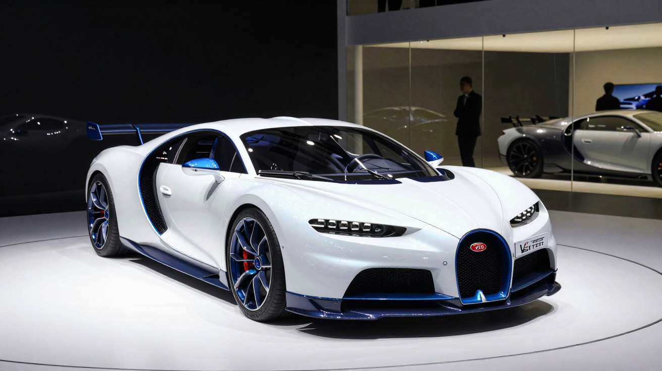 Carro esportivo branco com detalhes azuis exposto em estande iluminado, com espelhos refletindo outro carro atrás.
