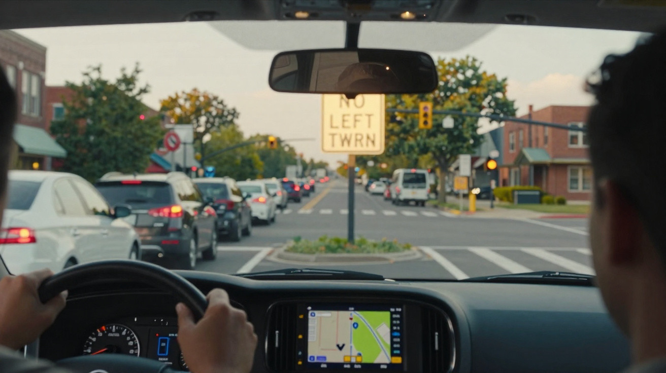 Interior de carro com motorista olhando para semáforo em cruzamento urbano movimentado, GPS no painel.