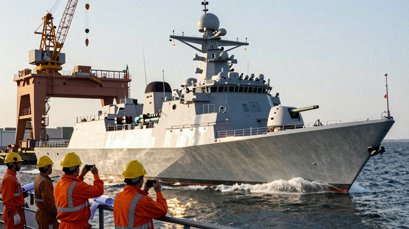 Navio de guerra cinza em mar calmo com trabalhadores de capacete amarelo observando na margem.