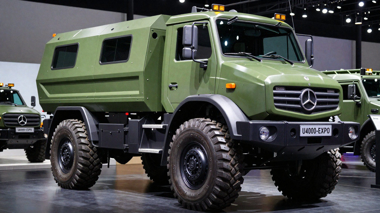 Caminhão Mercedes-Benz verde militar com pneus grandes exposto em salão indoor.