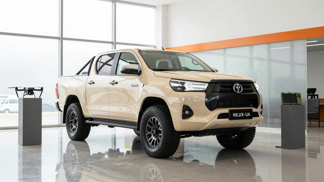 Picape Toyota Hilux bege exibida em showroom moderno com drone e equipamentos tecnológicos ao redor.