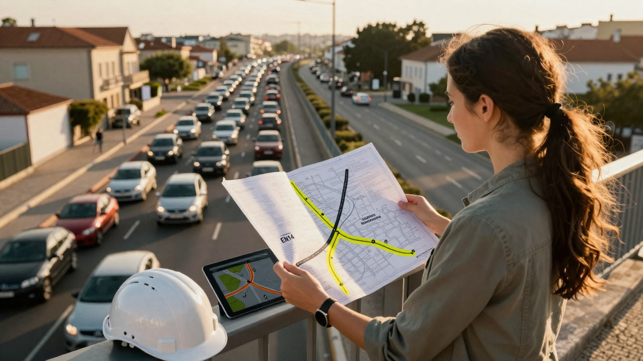 Mulher analisando planta de obras de infraestrutura em ponte com trânsito intenso ao fundo.