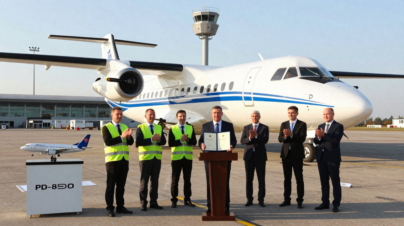 Grupo de homens em terno e colete refletivo em frente a avião branco no aeroporto com modelo de avião e certificado.