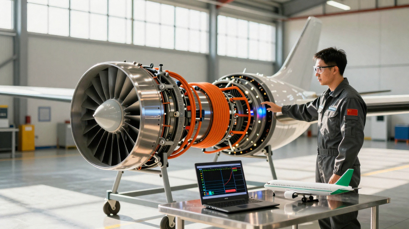 Técnico inspeciona motor de avião em laboratório com computador e miniatura de aeronave sobre mesa.