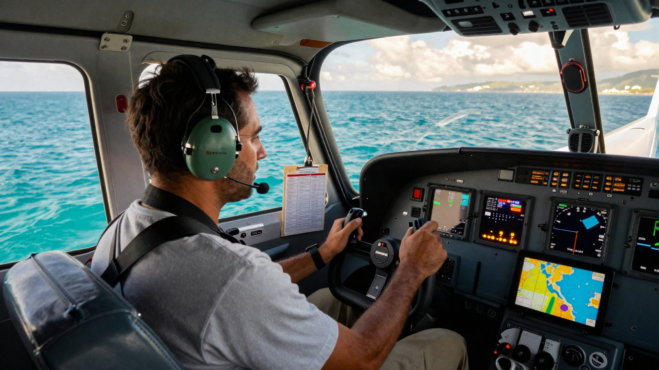 Homem com fone e microfone pilotando avião sobre o mar com painéis de controle e mapas digitais.