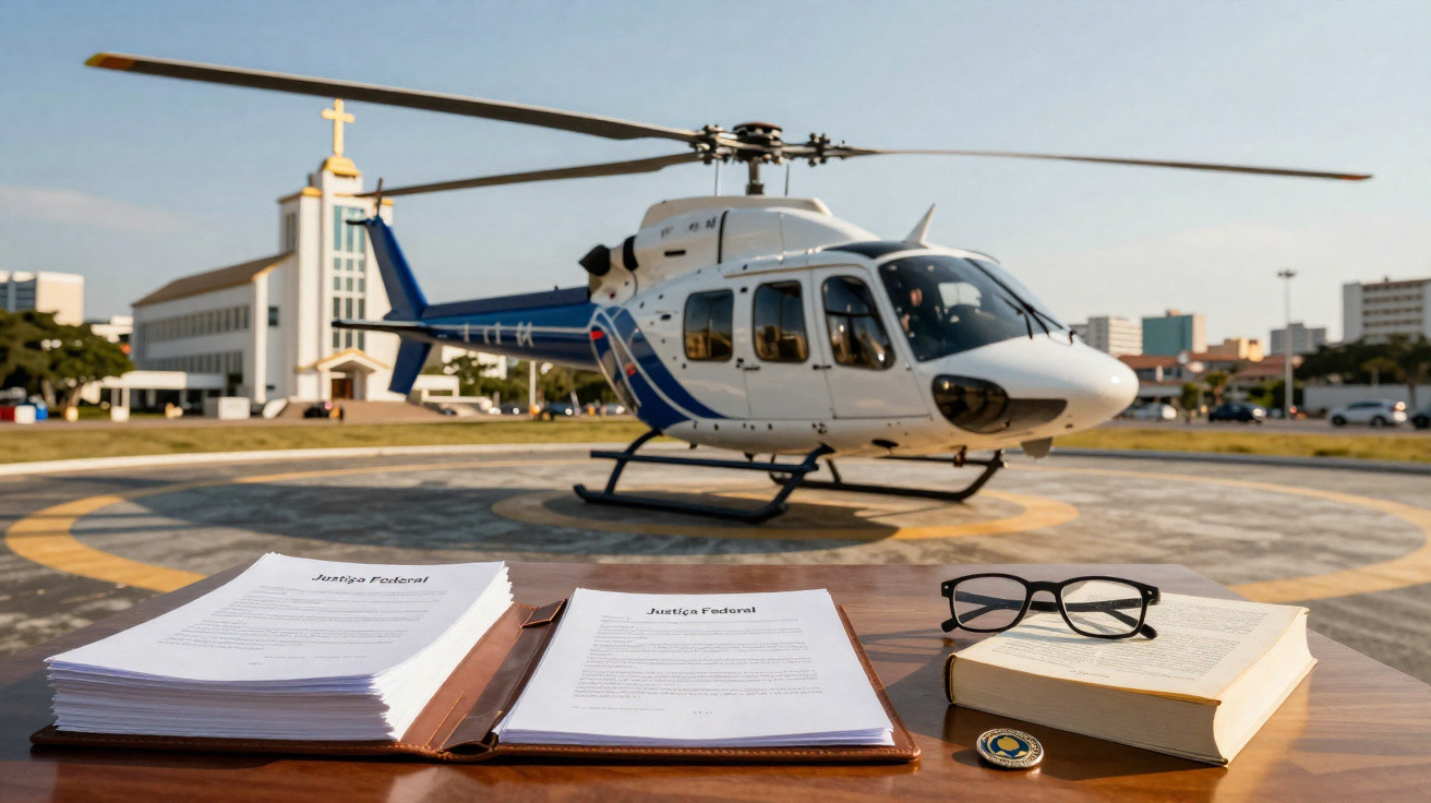Helicóptero branco e azul em heliponto com documentos, livro, óculos e igreja ao fundo em área urbana.