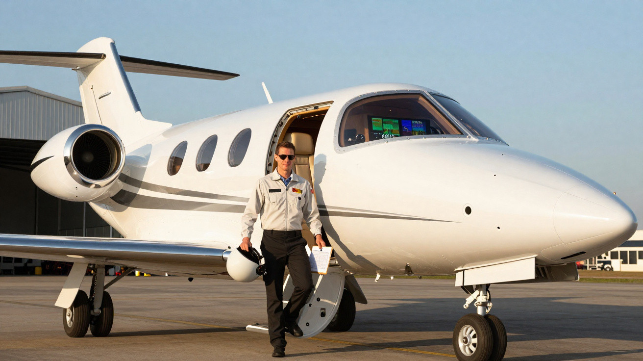 Piloto vestido com uniforme branco e óculos escuros descendo de avião leve branco no aeroporto.