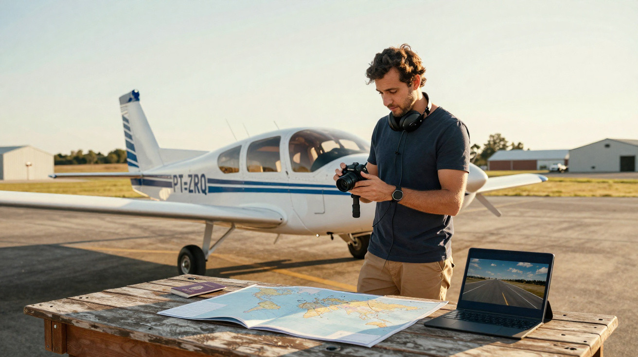 Homem com câmera na mão ao lado de avião pequeno, mesa com mapa e laptop ao ar livre.