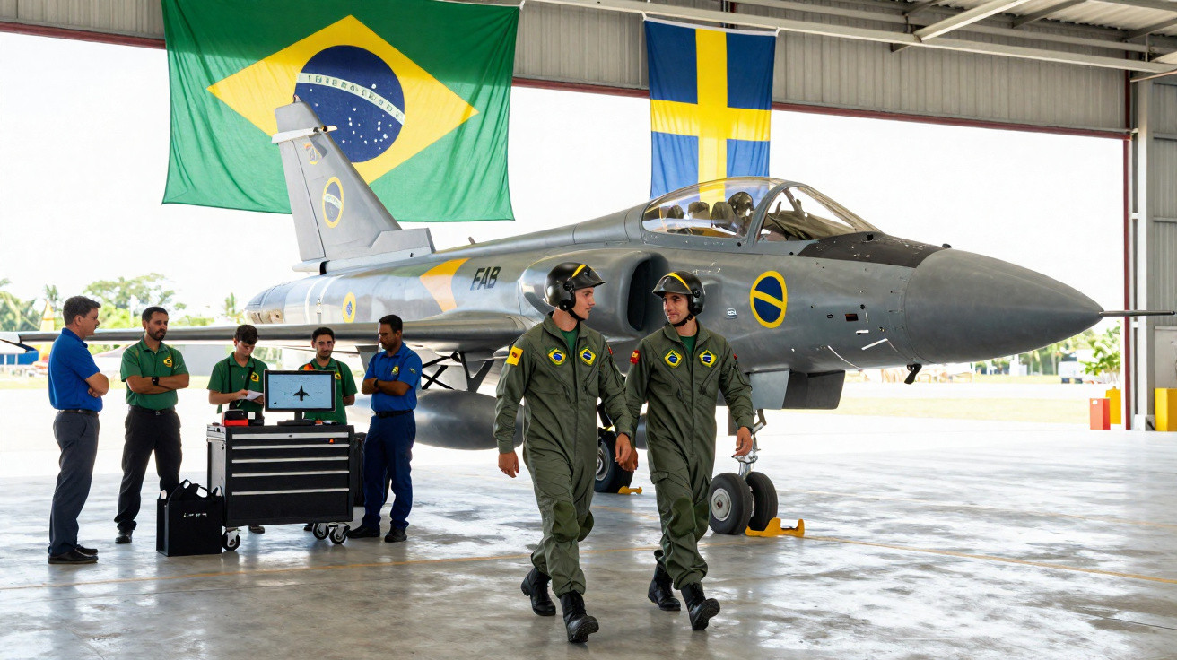 Dois pilotos brasileiros conversam ao lado de caça sueco em hangar com bandeiras do Brasil e Suécia ao fundo.