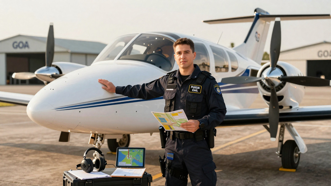 Policial civil em uniforme com mapa na mão posa em frente a avião branco em aeroporto durante o dia.