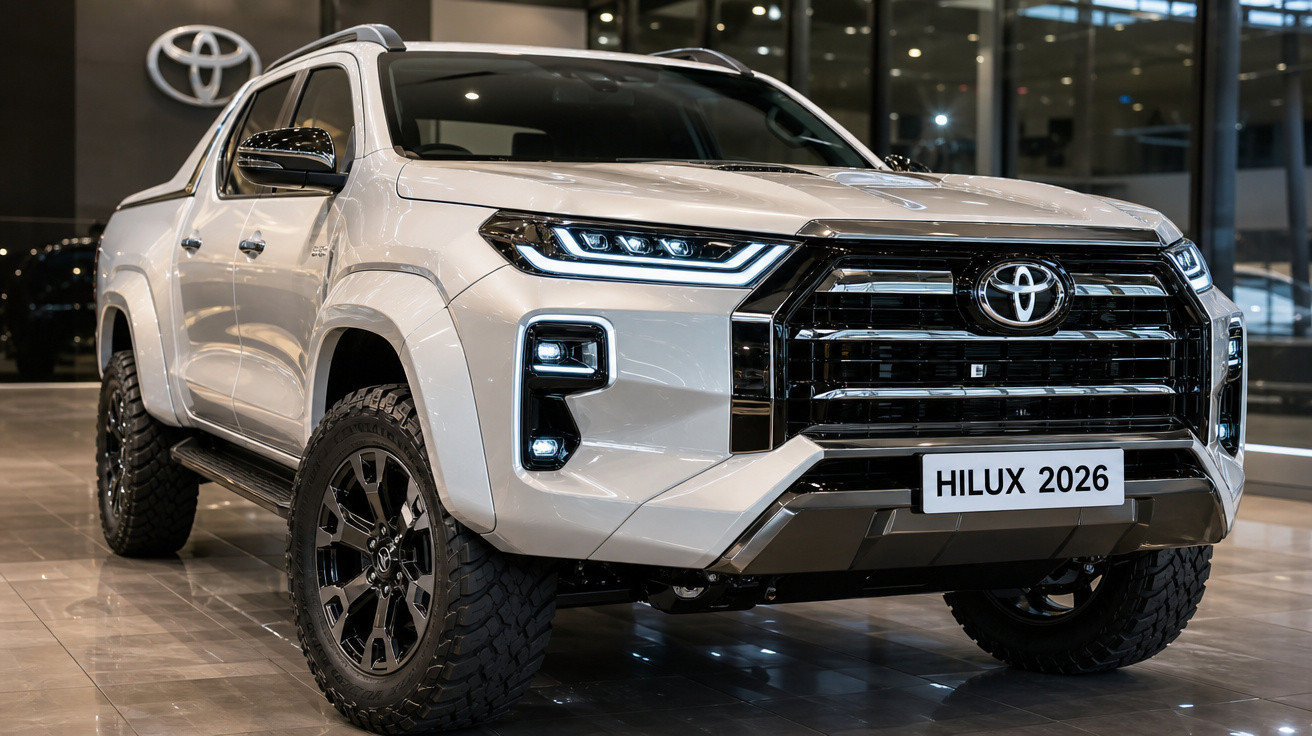 Picape Toyota Hilux 2026 branca exibida em showroom com design robusto e moderno.