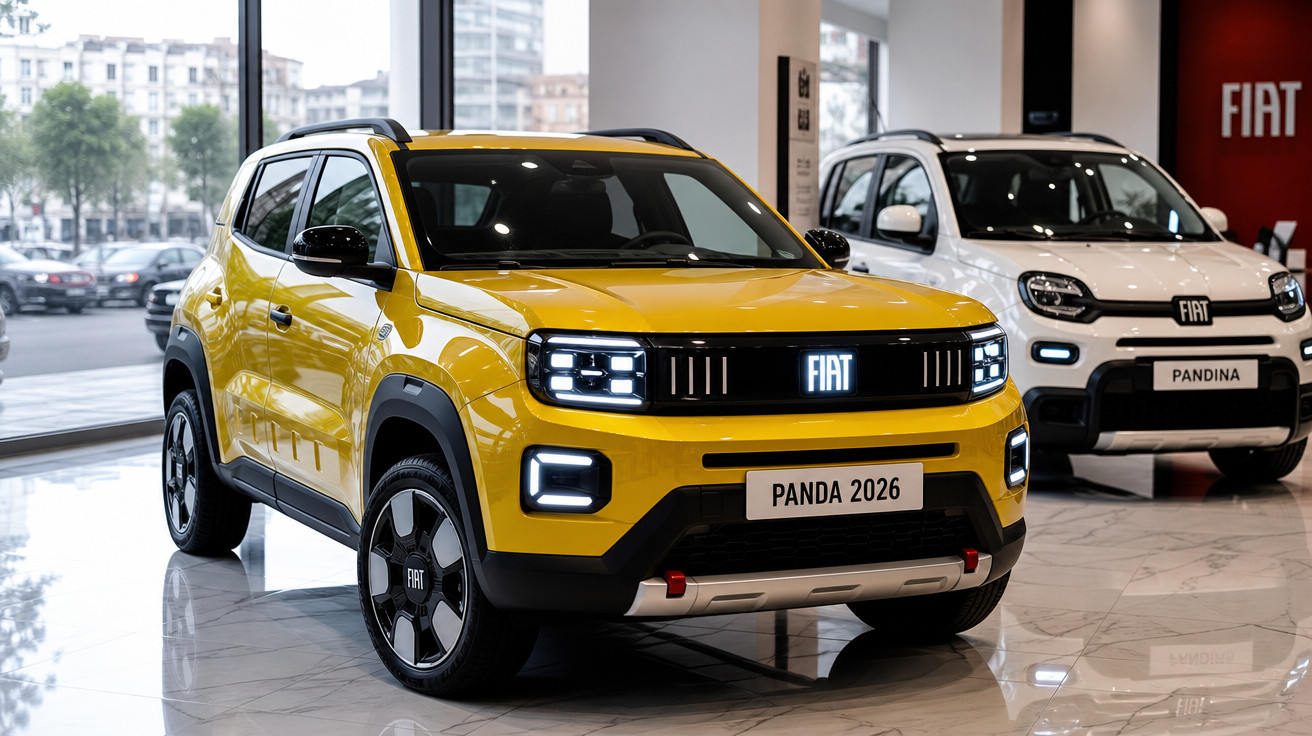 Dois carros Fiat Panda 2026 em exposição, um amarelo em primeiro plano e um branco ao fundo.