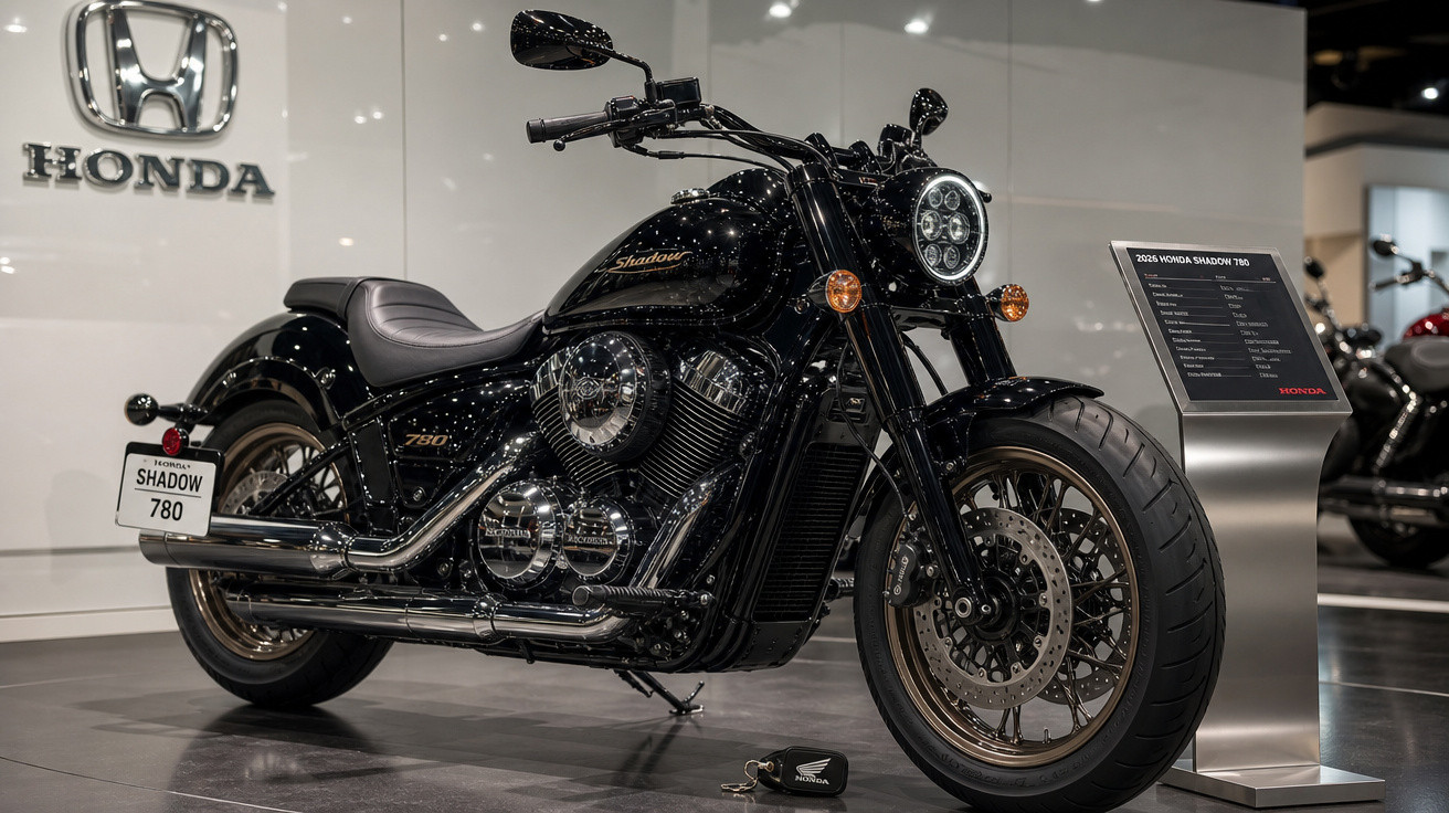 Motocicleta Honda Shadow 780 preta exposta em showroom com placa e placa de especificações ao lado.