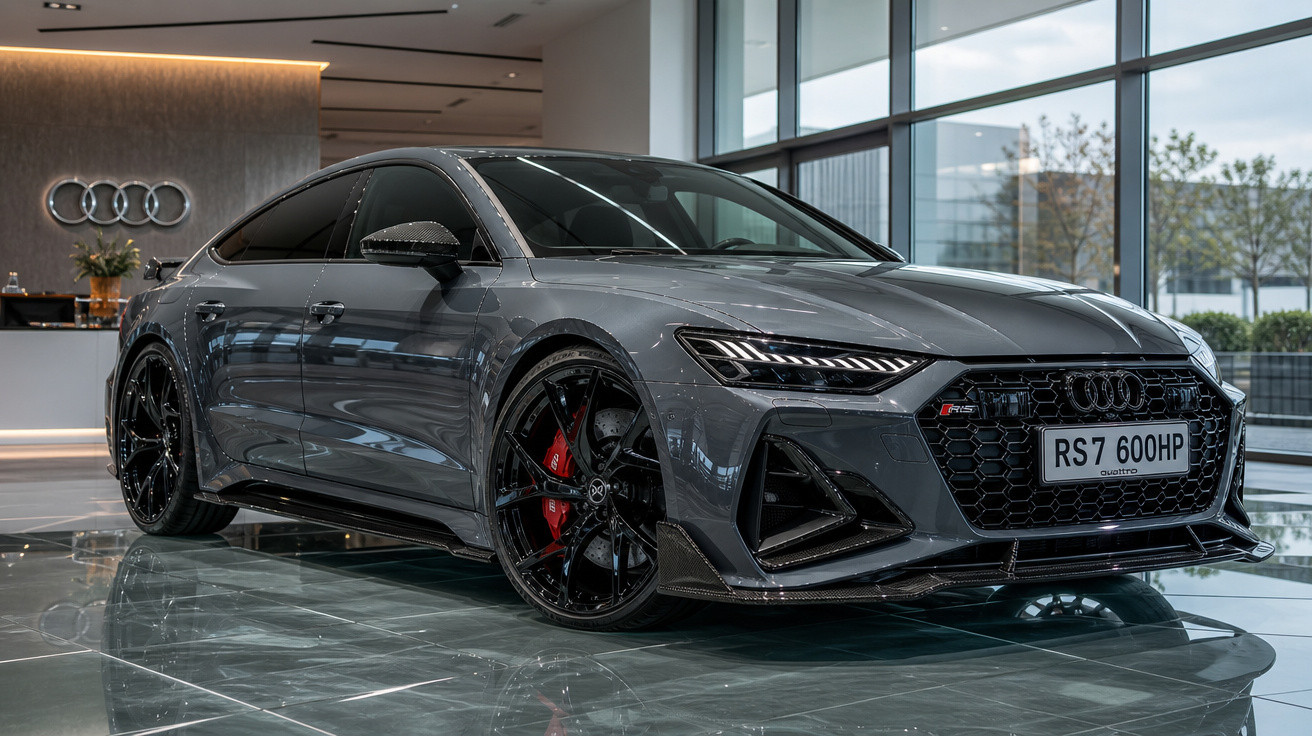 Carro esportivo Audi RS7 cinza com rodas pretas e pinças de freio vermelhas em showroom moderno.