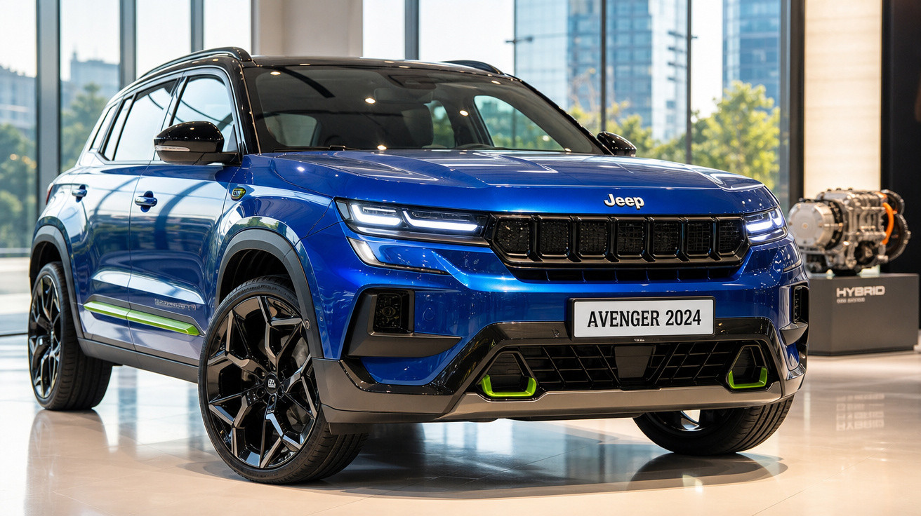 SUV Jeep Avenger 2024 azul exibido em showroom com rodas pretas e detalhes verdes.