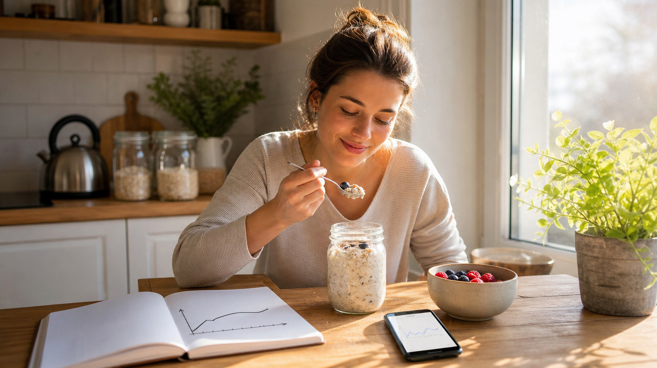 Mulher sorrindo tomando mingau com frutas, próxima a um caderno, celular e planta sobre a mesa na cozinha.