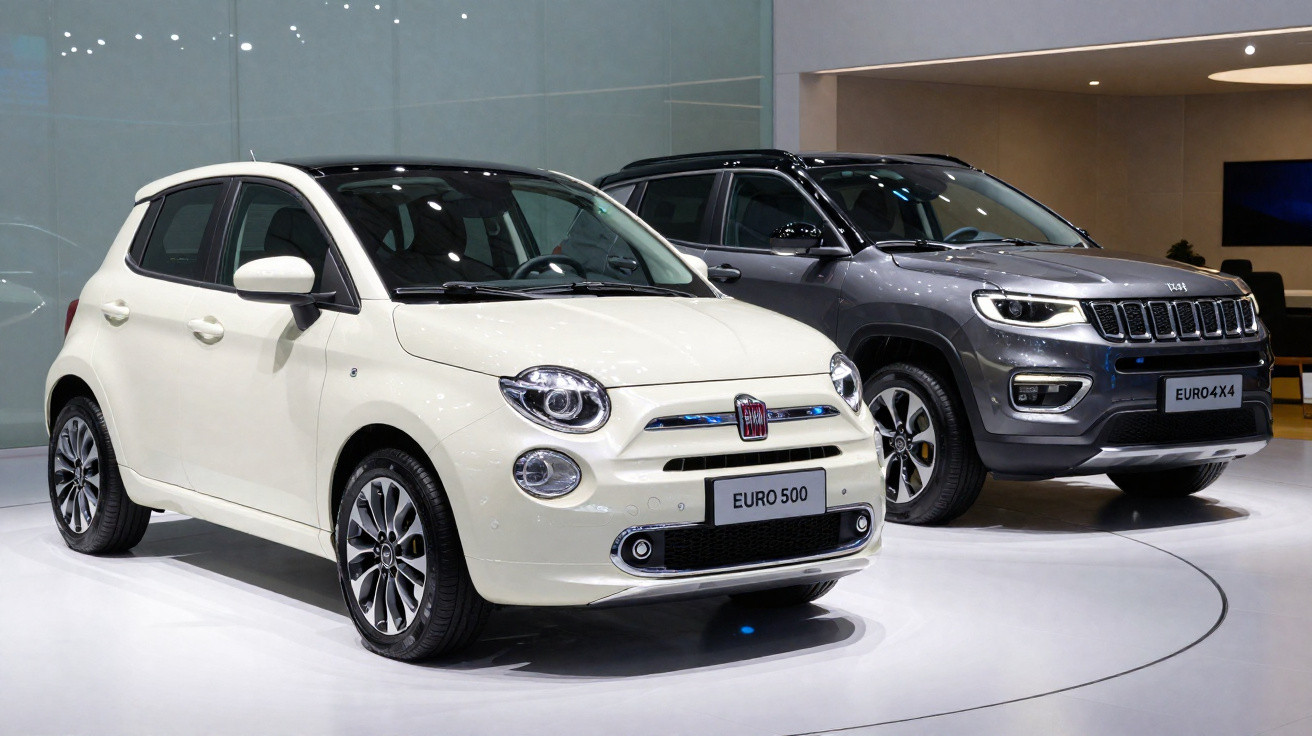 Dois carros expostos em showroom, um Fiat branco modelo Euro 500 e um SUV cinza Euro 4x4.