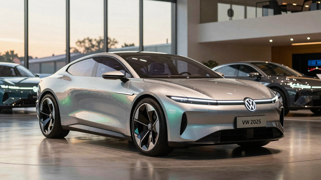 Carro elétrico esportivo prata Volkswagen em exposição interna com luz natural ao fundo.