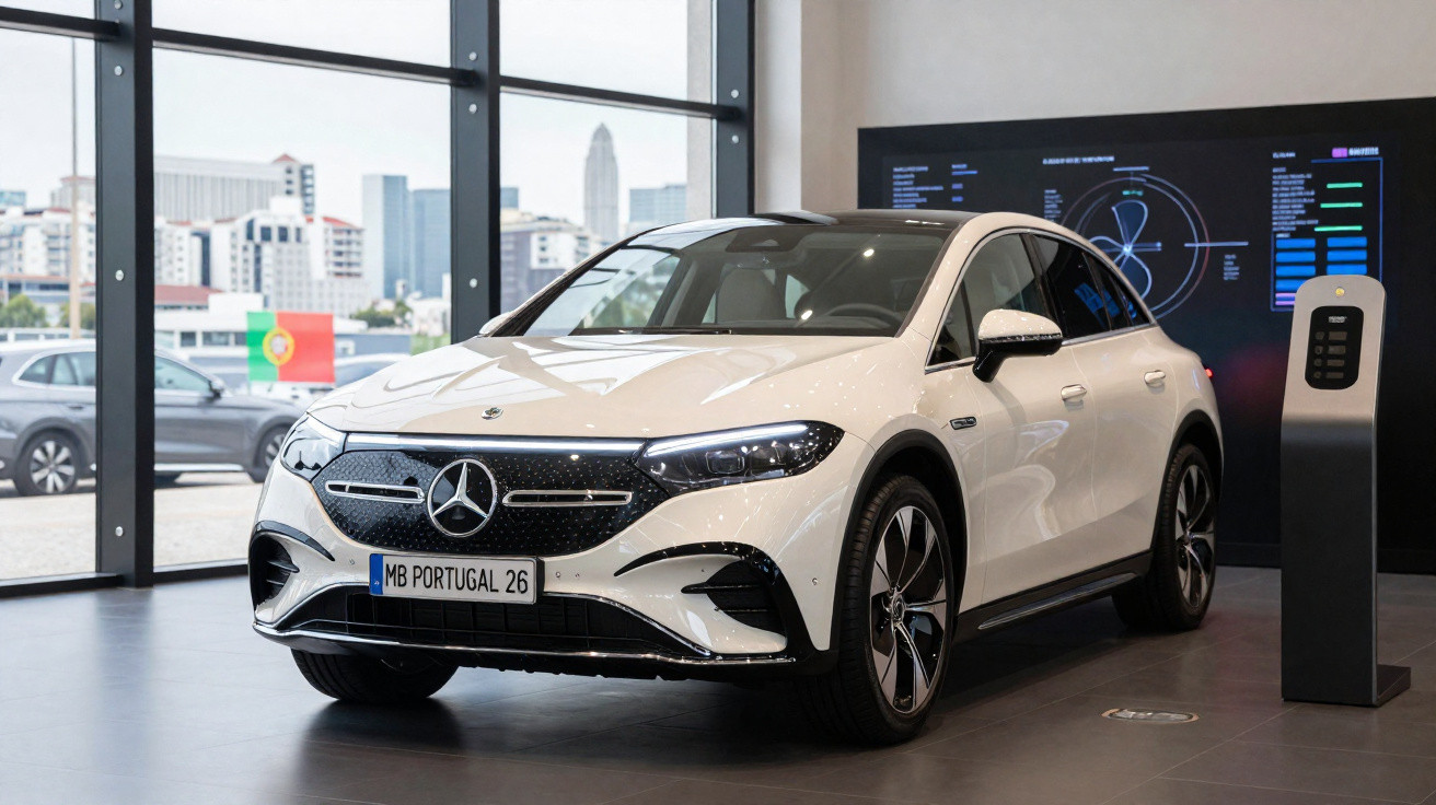 Carro elétrico Mercedes-Benz branco em exposição dentro de showroom moderno com janela grande e painel digital.