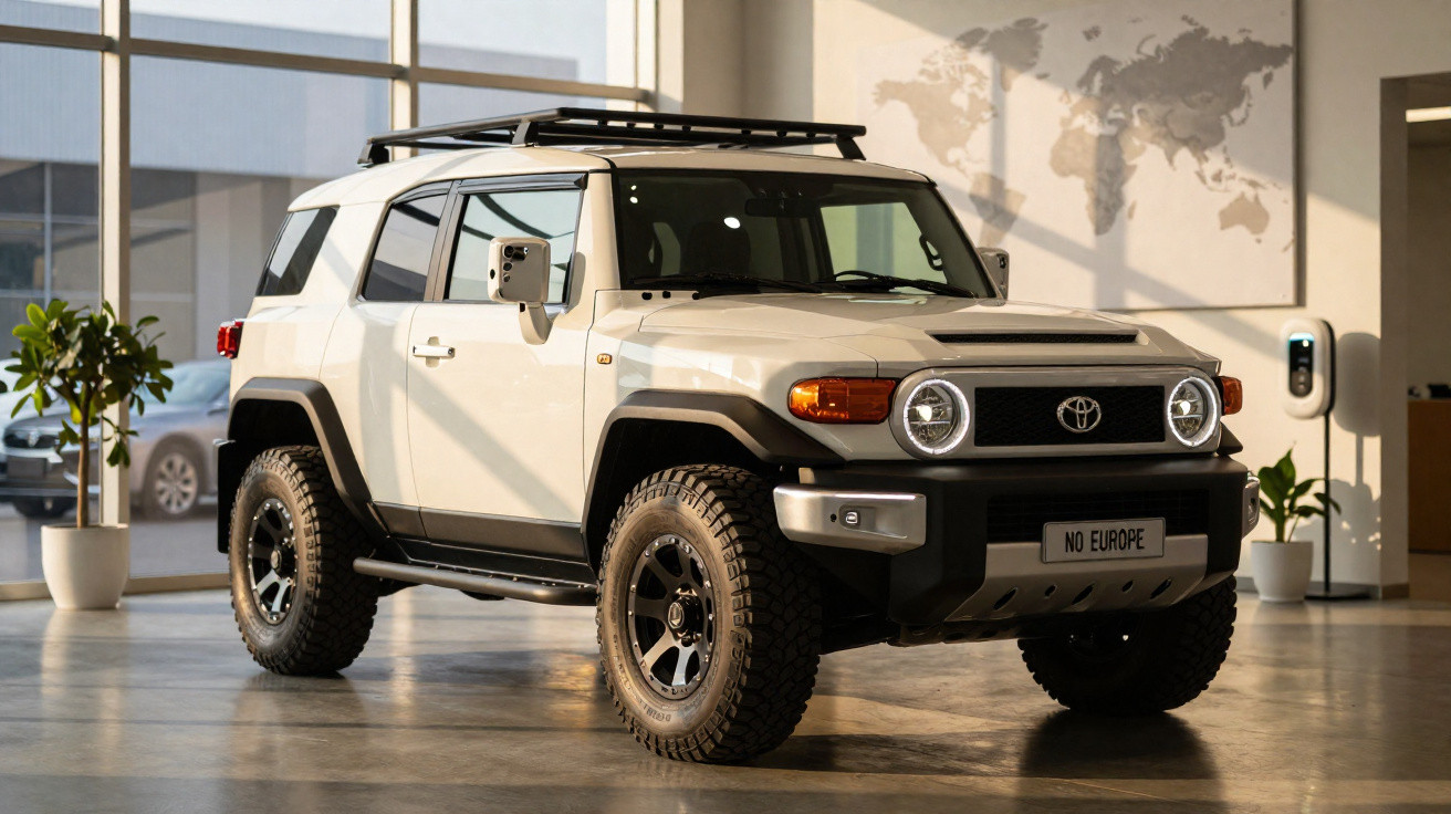 SUV branco Toyota FJ Cruiser em ambiente interno com luz natural e plantas ao redor.