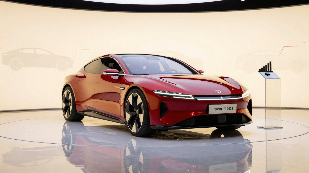 Carro elétrico esportivo vermelho exposto em ambiente minimalista com iluminação suave.